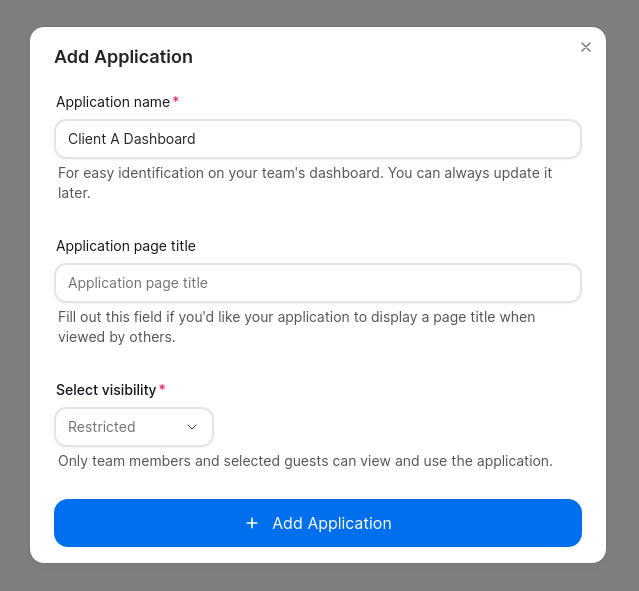 Stackoia create new application form modal